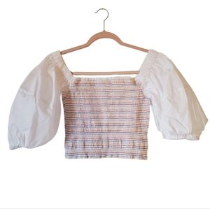 New Socie Collective White Puff Sleeves Colorful Thread Smocktop Size Medium NWT